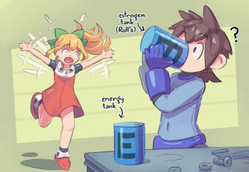 1boy 1girl :o ? absurdres afterimage arrow_(symbol) black_sleeves black_socks blonde_hair blue_eyes blue_gloves blue_shirt bolt_(hardware) brown_hair commentary condensation constricted_pupils cup cura_sylfaen dress drinking energy_tank english_commentary english_text estrogen floating_hair gloves green_background highres holding holding_cup long_hair long_sleeves mega_man_(character) mega_man_(series) multicolored_shoes navel nut_(hardware) open_mouth red_dress red_shoes robot_boy robot_girl roll_(mega_man) running shirt shoes short_hair short_sleeves shouting simple_background socks spiked_hair table two-tone_dress two-tone_shoes upper_body waving_arms white_dress white_shoes