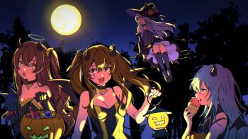 Rule 34 | 404 (girls' frontline), 4girls, asawa (dm owr), bare shoulders, broom, brown hair, cake, commentary request, food, g11 (girls' frontline), girls' frontline, gloves, green eyes, halloween, highres, hk416 (girls' frontline), jack-o'-lantern, kneehighs, long hair, moon, multiple girls, night, open mouth, smile, socks, ump45 (girls' frontline), ump9 (girls' frontline)