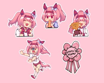 absurdres animal_ears bandaid bandaid_on_leg bow buruma ear_bow ear_covers flower-shaped_pupils flower_in_eye gloves gym_uniform haru_urara_(bestest_prize)_(umamusume) haru_urara_(umamusume) headband heriossu highres horse_ears horse_girl horse_tail pink_buruma pink_hair pink_headband red_buruma red_gloves red_headband school_uniform symbol-shaped_pupils symbol_in_eye tail tracen_school_uniform umamusume