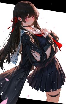1girl absurdres arm_cutout black_choker black_hair black_shirt black_skirt blush breasts chisa_(wuthering_waves) choker closed_mouth clothing_cutout commentary from_side hair_ribbon hands_up highres hirahiragi_(h1rqg1) large_breasts long_hair long_sleeves looking_at_viewer looking_to_the_side mole mole_under_eye neckerchief petals pink_eyes pink_petals red_neckerchief red_ribbon ribbon sailor_collar shirt skirt solo tacet_mark_(wuthering_waves) thigh_strap thighs white_sailor_collar wuthering_waves