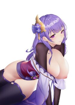 1girl absurdres black_shrug black_thighhighs blush breasts commentary_request cowboy_shot genshin_impact hair_ornament highres japanese_clothes kimono large_breasts long_hair looking_at_viewer nipples parted_lips purple_eyes purple_hair purple_kimono raiden_shogun shrug_(clothing) simple_background smile solo thighhighs thighs white_background yali_guaishou