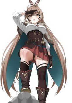 1girl absurdres ahoge archery_shooting_glove asymmetrical_legwear belt belt_pouch black_panties boots bow bowtie breasts brown_boots brown_bow brown_bowtie brown_capelet brown_corset brown_eyes brown_gloves brown_hair cameltoe cape capelet commentary commission corset crossed_bangs dagger double-parted_bangs english_commentary feather_hair_ornament feathers gloves green_cape hair_between_eyes hair_ornament hairclip hand_up high_collar high_ponytail highres hololive hololive_english hood hooded_capelet kneehighs knife long_hair looking_ahead medium_breasts miniskirt multicolored_hair nanashi_mumei nanashi_mumei_(1st_costume) open_mouth panties pantyshot partially_fingerless_gloves pleated_skirt ponytail pouch raikkonen red_skirt second-party_source sheath sheathed shirt simple_background single_kneehigh single_sock single_thighhigh skirt socks solo split_ponytail streaked_hair teeth thighhighs three-quarter_sleeves underbust underwear uneven_legwear upper_teeth_only upskirt very_long_hair virtual_youtuber weapon white_background white_shirt