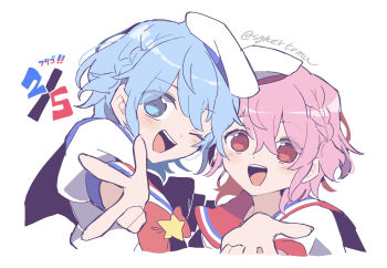 1boy 1girl :d ;d blue_eyes blue_hair blush braid brother_and_sister cropped_torso dorothy_west foreshortening hair_between_eyes hat highres idol_clothes looking_at_viewer nojima_minami one_eye_closed open_mouth pink_hair pretty_series pripara puffy_short_sleeves puffy_sleeves red_eyes red_sailor_collar reona_west sailor_collar sailor_hat shirt short_hair short_sleeves siblings side_braid smile twins twitter_username upper_body w white_background white_hat white_shirt