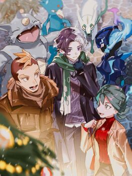 1girl 2boys :d amethio_(pokemon) blurry brown_jacket ceruledge coat commentary_request copituji day depth_of_field gen_1_pokemon gen_6_pokemon gloves golduck green_scarf hand_up highres jacket legendary_pokemon long_sleeves multicolored_hair multiple_boys nintendo onia_(pokemon) open_clothes open_coat open_mouth outdoors pants pokemon pokemon_(anime) pokemon_(creature) pokemon_horizons rhydon scarf short_hair smile snowing standing zirc_(pokemon) zygarde zygarde_(10)