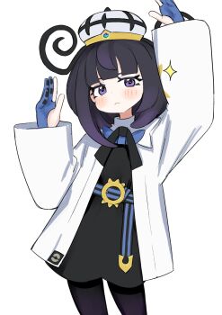 1girl arm_up belt belt_buckle black_belt black_dress black_hair black_pantyhose black_ribbon blue_belt blue_gloves blunt_bangs blush bob_cut buckle closed_mouth coat cowboy_shot dress eyelashes gloves gradient_hair gwynn_(pokemon) hat highres long_sleeves looking_at_viewer mega_stone multicolored_hair nintendo o-ring o-ring_belt open_clothes open_coat pantyhose partially_fingerless_gloves pokemon pokemon_legends:_z-a purple_eyes purple_hair ribbon short_hair solo two-tone_belt white_background white_coat yabasoba