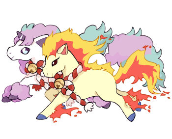 animal_focus bell chinese_zodiac closed_mouth commentary english_commentary galarian_form galarian_ponyta gen_1_pokemon gen_8_pokemon horns horse mjoyart nintendo no_humans pokemon pokemon_(creature) ponyta ribbon simple_background single_horn smile unicorn white_background year_of_the_horse