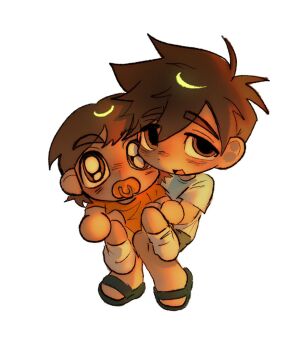 2boys :d aged_down baby black_sandals blush brothers brown_eyes brown_hair dark-skinned_male dark_skin dot_nose double-parted_bangs from_above full_body grey_shorts hair_behind_ear hair_between_eyes hero_(faraway)_(omori) hero_(omori) invisible_chair kel_(faraway)_(omori) kel_(omori) looking_at_viewer lyuz_(justtoseemeplea) male_focus multiple_boys no_shoes omori open_mouth orange_shirt pacifier sandals shirt short_hair short_sleeves shorts siblings simple_background sitting sitting_on_lap sitting_on_person smile socks t-shirt tongue very_short_hair white_background white_shirt white_socks