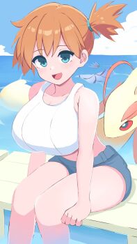 1girl :d animal asymmetrical_hair bare_arms bare_shoulders blue_eyes blue_shorts blue_sky blush bra breasts cloud crop_top day denim denim_shorts fish gen_3_pokemon hair_tie highres huge_breasts kocha_(jgug7553) large_breasts looking_at_viewer milotic misty_(pokemon) nintendo ocean open_mouth orange_hair outdoors partially_submerged pier pokemon pokemon:_let's_go_pikachu!_and_let's_go_eevee! ponytail portrait shirt short_hair short_shorts shorts side_ponytail sitting sky smile soaking_feet sports_bra sportswear swimsuit tank_top thighs underwear water white_bra white_shirt white_sports_bra white_tank_top