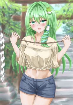1girl :d alternate_costume bare_shoulders blurry blurry_background blush breasts collarbone cowboy_shot denim denim_shorts depth_of_field frog_hair_ornament gohei green_eyes green_hair hair_ornament hair_tubes highres holding kochiya_sanae large_breasts long_hair looking_at_viewer midriff navel off_shoulder open_mouth outdoors shirt shirt_overhang short_shorts shorts shrine smile snake_hair_ornament solo stairs standing tank_top thighs touhou white_shirt yuki_(snowmaiden)