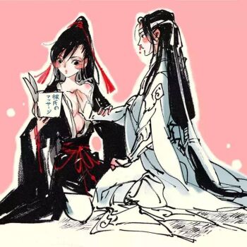1boy 1girl black_eyes black_hair black_hanfu blood blush blush_stickers book breasts chinese_clothes cleavage collarbone faux_traditional_media genderswap genderswap_(mtf) grabbing_another&#039;s_breast groping hair_ornament hair_ribbon hand_on_another&#039;s_chest hanfu headband hetero high_ponytail holding holding_another&#039;s_wrist holding_book ink_wash_painting kcllzas163 kneeling lan_wangji long_hair long_sleeves looking_at_another looking_at_object medium_breasts modao_zushi nosebleed open_clothes open_robe outline pants parted_lips pink_background ponytail reading red_ribbon red_sash ribbon robe sash sitting tassel tassel_hair_ornament third-party_source very_long_hair wei_wuxian white_hanfu white_headband white_outline white_pants wide_sleeves
