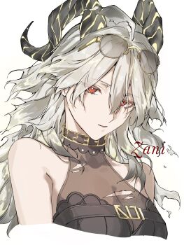 1girl ahoge bare_shoulders black_horns breasts bright_pupils character_name commentary_request cropped_torso curled_horns eyewear_on_head grey_hair highres horns large_breasts long_hair looking_at_viewer mole mole_under_eye negse_38u official_alternate_costume parted_lips red_eyes simple_background solo sunglasses torn_clothes white_background white_pupils wuthering_waves zani_(downtown_repose)_(wuthering_waves) zani_(wuthering_waves)