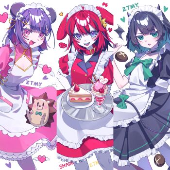 3girls alternate_costume animal_ears apron black_hair cake cake_slice chinese_clothes colored_inner_hair cowboy_shot dog_ears dog_girl double_bun food green_eyes green_hair hair_bun hedgehog highres looking_at_viewer maid maid_apron maid_headdress multicolored_hair multiple_girls nira-chan nira-chan_(shade_no_hokori_wa_encho)_(zutomayo) niwatonira pink_eyes pink_hair purple_hair qi_maid red_hair streaked_hair uniguri_(zutomayo) zutto_mayonaka_de_ii_no_ni