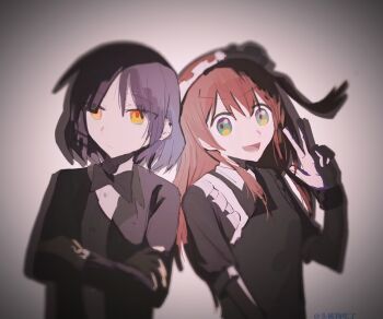 2girls alternate_costume apron black_dress blue_eyes blue_hair bocchi_the_rock! bow bowtie butler collared_dress collared_jacket collared_shirt crossdressing crossdressing_(ftm) crossed_arms dress enmaided female_butler formal_clothes frilled_headwear frills hair_ornament highres jacket kita_ikuyo looking_at_viewer maid maid_apron maid_headdress multiple_girls open_mouth shirt short_hair short_sleeves suit tou_bei_gou_chile tuxedo tuxedo_shirt v vest waistcoat white_apron white_background wrist_cuffs yamada_ryo yellow_eyes