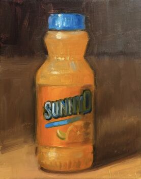 artist_name bottle commentary drink english_commentary food_focus highres juice no_humans noah_verrier oil_painting_(medium) orange_juice original painting_(medium) still_life sunny_delight traditional_media