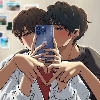 2boys alternate_costume backlighting black_hair black_shirt blurry blurry_background blush brown_eyes brown_hair commentary dalchi09 green_eyes hands_up heart heart_hands holding holding_phone kim_dokja looking_at_viewer male_focus multiple_boys omniscient_reader's_viewpoint one_eye_covered phone red_shirt shirt short_hair symbol-only_commentary taking_picture upper_body white_shirt yaoi yoo_joonghyuk