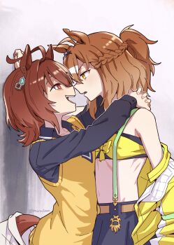 2girls :d agnes_tachyon_(tach-nology)_(umamusume) agnes_tachyon_(umamusume) ahoge animal_ears arms_around_neck bandeau black_bandeau black_necktie black_shirt black_skirt braid brown_hair collared_shirt commentary cowboy_shot dated_commentary earrings eye_contact face-to-face from_side hair_between_eyes half_up_half_down_braid highres horse_ears horse_girl horse_tail huge_ahoge jacket jewelry jungle_pocket_(champion&#039;s_battle_cry)_(umamusume) jungle_pocket_(umamusume) looking_at_another mazu1kan medium_hair multiple_girls necktie notched_ear open_mouth ponytail red_eyes ribs shirt single_bare_shoulder single_earring skirt smile stomach suspenders sweater tail teeth twitter_username umamusume upper_teeth_only v-shaped_eyebrows white_jacket yellow_eyes yellow_jacket yellow_sweater yuri