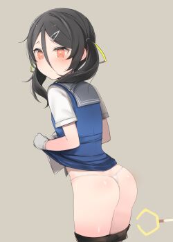 1girl ass bike_shorts black_hair blush clothes_pull commentary_request gloves grey_background grey_gloves grey_sailor_collar hair_between_eyes hair_ornament hair_ribbon hairclip inagi_(kancolle) kantai_collection loli looking_at_viewer looking_back orange_eyes panties ribbon sailor_collar shin_(new) short_sleeves shorts shorts_pull simple_background solo twintails underwear white_panties yellow_ribbon