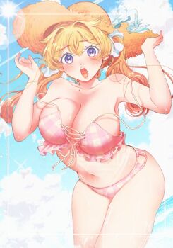 1girl beach bikini blonde_hair blue_sky blush breasts cloud cloudy_sky collarbone commentary filter-goshi_no_kanojo hands_up hat koto_mitsuha large_breasts long_hair looking_at_viewer mole mole_on_collarbone navel official_art oomsz open_mouth pink_bikini purple_eyes sky solo straw_hat surprised swimsuit symbol-only_commentary twintails very_long_hair water