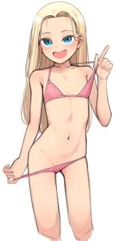 1girl :d absurdres bare_shoulders bikini bikini_pull blonde_hair blue_eyes blush borrowed_character clothes_pull commentary cropped_legs female_focus flat_chest highres index_finger_raised loli long_hair looking_at_viewer navel open_mouth original pink_bikini pulling_own_clothes pussy pussy_peek sasha_(haguhagu) simple_background smile solo swimsuit white_background yeun