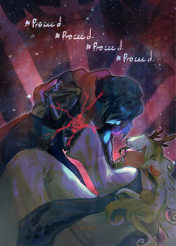 1girl 1other antlers blonde_hair blue_hair blue_skin cape colored_skin deltarune dress english_text highres horns kris_(dark_world)_(deltarune) kris_(deltarune) noelle_holiday noelle_holiday_(dark_world) red_cape reindeer_antlers silliest_heartaches utdr_(toby_fox) weird_route_(deltarune) white_dress