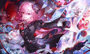 2girls absurdres black_gloves dual_persona evernight_(honkai:_star_rail) flower gloves hair_between_eyes hair_flower hair_ornament highres honkai:_star_rail honkai_(series) long_hair long_sleeves march_7th_(honkai:_star_rail) march_7th_(preservation)_(honkai:_star_rail) multiple_girls official_alternate_costume official_alternate_eye_color official_alternate_hair_length official_alternate_hairstyle parted_lips pink_hair red_eyes sanmen second-party_source single_bare_shoulder smile solo_focus very_long_hair