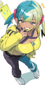 1girl absurdres aqua_hair bandeau black_pants blonde_hair blue_pants breasts canari_(pokemon) cleavage commentary_request dark-skinned_female dark_skin gen_4_pokemon gloves grey_eyes grin highres kirikirimai_(kkm) large_breasts long_sleeves looking_at_viewer multicolored_hair nintendo pants pokemon pokemon_legends:_z-a rotom rotom_phone shoes smile standing twintails two-tone_hair two-tone_pants white_shoes yellow_bandeau yellow_gloves