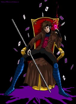 brown_hair card coat gambit hecomura male_focus marvel red_eyes staff trench_coat x-men