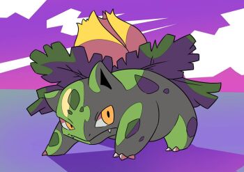 alternate_color animal_focus claws closed_mouth commentary_request fangs full_body gen_1_pokemon ivysaur looking_at_viewer nintendo no_humans nostrils omega_takai pokemon pokemon_(creature) purple_background shiny_pokemon solo yellow_eyes