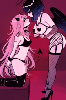 2girls absurdres angel angel_wings arms_behind_back bdsm black_bra black_collar black_eyes black_hair black_halo black_nails black_panties black_shoes black_thighhighs black_wings blue_hair blush bondage bound bound_ankles bound_wrists bra breasts breasts_out brown_arm_warmers brown_thighhighs chest_harness cleavage collar commentary demon_girl demon_horns demon_tail english_commentary eyeshadow femdom fishnet_arm_warmers fishnet_panties fishnet_thighhighs fishnets freckles from_side garter_straps gradient_background gradient_hair hair_between_eyes halo harness heart_pasties high_heels highres holding holding_leash horns kneeling large_breasts leash leash_pull long_hair looking_at_another looking_down looking_up makeup medium_hair megrocks mole mole_under_mouth multicolored_hair multiple_girls navel open_mouth original panties parted_lips pasties pink_hair pointy_ears red_background red_eyes shoes simple_background slave smile standing_over tail thighhighs underwear wings yuri