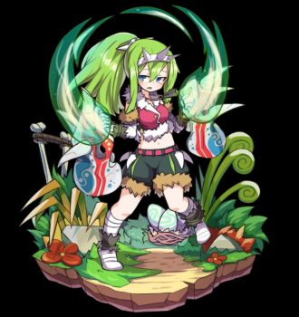1girl arily_(merc_storia) bandaged_leg bandages belt black_background blue_eyes breasts cropped_jacket detached_sleeves egg fire flaming_weapon flower full_body fur-trimmed_jacket fur_trim gloves green_fire green_hair grey_shorts highres holding holding_weapon ivy jacket large_breasts long_hair long_sidelocks looking_at_viewer merc_storia merc_storia_art_team navel official_art parted_lips pink_belt pink_jacket ponytail rock scrunchie shorts sidelocks simple_background solo standing tachi-e weapon white_gloves wrist_scrunchie