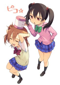 2girls black_hair black_socks blue_skirt bonk bow bowtie brown_shoes closed_eyes collared_shirt commentary_request full_body green_bow green_bowtie hair_bow hammer hand_on_own_hip hatsukaze33 holding holding_hammer kosaka_honoka long_sleeves love_live! love_live!_school_idol_project medium_hair multiple_girls open_mouth orange_hair otonokizaka_school_uniform pink_sweater pleated_skirt red_bow red_bowtie red_eyes school_uniform shirt shoes short_sleeves short_twintails side_ponytail skirt smile socks sweater twintails white_background white_shirt yazawa_nico yellow_bow yellow_sweater