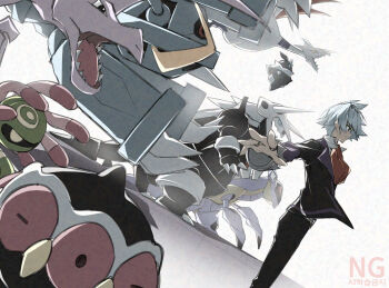 1boy absurdres aerodactyl aggron armaldo black_jacket black_pants black_sclera blue_eyes blue_hair carbink claws claydol closed_mouth cloudsmoothie collared_shirt colored_sclera commentary cradily fangs gen_1_pokemon gen_2_pokemon gen_3_pokemon gen_6_pokemon grey_hair highres jacket jewelry long_sleeves mega_metagross mega_pokemon metagross necktie nintendo open_mouth pants pokemon pokemon_(creature) pokemon_oras purple_vest red_eyes ring sharp_teeth shirt short_hair skarmory steven_stone symbol-only_commentary teeth vest white_shirt wings