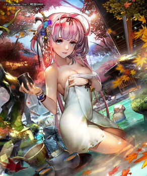 1girl afloat animal artstation_sample autumn autumn_leaves backlighting bare_shoulders black_ribbon blue_eyes breasts bucket building cherry_blossoms cleavage closed_mouth collarbone copyright_request cup day drink dutch_angle female_focus hair_ornament hair_ribbon hair_stick hairband holding image_sample japanese_macaque katateoke lantern leaf lens_flare liduke liquid long_hair looking_at_viewer medium_breasts monkey naked_towel official_art onsen original outdoors pink_hair pink_lips plant ribbon rock smile solo standing sunlight teapot towel towel_on_head tree very_long_hair wading water water_drop wet wooden_bucket wristband