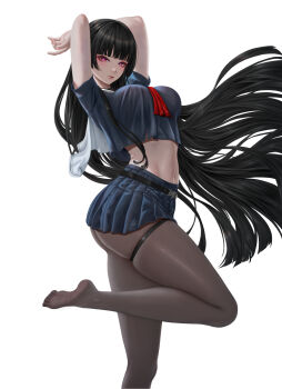 1girl absurdres arms_up black_hair black_serafuku black_shirt black_skirt breasts chisa_(wuthering_waves) closed_mouth commentary feet fingernails from_side grey_pantyhose highres large_breasts long_hair looking_at_viewer looking_to_the_side miniskirt mole mole_under_eye nail_polish navel neckerchief no_shoes pantyhose pink_eyes pink_nails red_neckerchief sailor_collar school_uniform serafuku shirt skindentation skirt soles solo stomach thigh_strap thighs toes variant_set very_long_hair white_sailor_collar wuthering_waves yuzuriha_(pixiv_14248010)