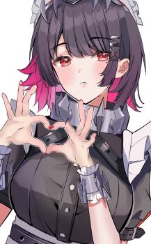 1girl black_dress black_hair blush breasts closed_mouth colored_inner_hair dress ellen_joe four-finger_heart_hands frilled_wristband hairband heart heart_hands highres large_breasts looking_at_viewer maid_headdress metal_hairband mole mole_under_eye multicolored_hair nakano_kura razor_blade_hair_ornament red_eyes red_nails shark_girl short_hair simple_background solo spiked_headband upper_body white_background zenless_zone_zero