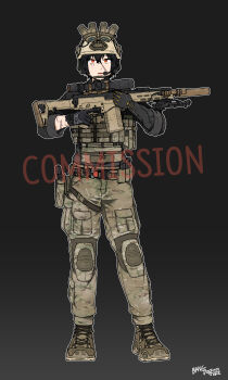 1girl absurdres ammunition_pouch bangdog belt belt_pouch bipod black_background black_gloves black_hair boots brown_boots brown_helmet bruise bruise_on_face buckle bulletproof_vest camouflage camouflage_pants chin_strap chukavin_svch combat_helmet commentary_request commission dated ear_protection fast_helmet flashlight frown full_body glock gloves goggles gradient_background grey_jacket gun handgun headset helmet highres holding holding_gun holding_weapon holster injury jacket korean_commentary load_bearing_vest magazine_(weapon) military military_combat_uniform military_operator military_uniform night_vision_device open_mouth optical_sight original outline pants pouch prosthesis prosthetic_arm red_eyes rifle scar scar_on_arm scar_on_face scope short_hair signature simple_background snap-fit_buckle sniper_rifle soldier solo suppressor tactical_clothes tomboy trigger_discipline unworn_goggles watch watermark weapon white_outline wristwatch