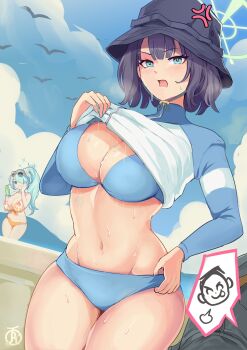 1girl aqua_hair beach bikini bird blue_archive blue_bikini blue_sky breasts bucket_hat cleavage cloud cloudy_sky commentary day doodle_sensei_(blue_archive) eyewear_on_head floral_print floral_print_bikini flower green_halo hair_flower hair_ornament hair_over_one_eye halo hat highres hiyori_(blue_archive) hiyori_(swimsuit)_(blue_archive) large_breasts long_hair long_sleeves navel ocean official_alternate_costume orange_bikini outdoors print_bikini purple_hair raglan_sleeves rash_guard revolverwing saki_(blue_archive) saki_(swimsuit)_(blue_archive) sensei_(blue_archive) short_hair side_ponytail sky spoken_character stomach sunglasses swimsuit water white_bikini