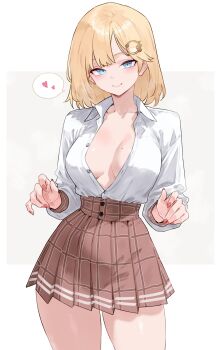 1girl absurdres blonde_hair blue_eyes bluefield bob_cut breasts brown_skirt cleavage closed_mouth collared_shirt commentary cowboy_shot dress_shirt grey_background hair_ornament heart high-waist_skirt highres hololive hololive_english large_breasts long_sleeves looking_at_viewer medium_hair miniskirt partially_unbuttoned plaid_clothes plaid_skirt pleated_skirt shirt shirt_tucked_in simple_background skirt smile solo spoken_heart symbol-only_commentary virtual_youtuber watson_amelia watson_amelia_(1st_costume) white_background white_shirt