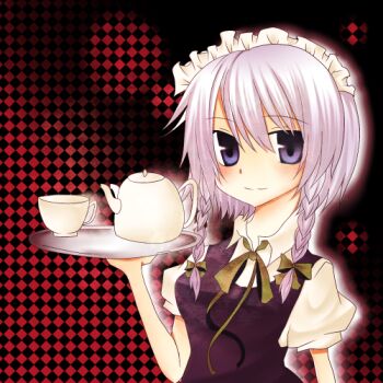 Rule 34 | 1girl, bad id, bad pixiv id, blue eyes, braid, cup, female focus, izayoi sakuya, lowres, maid, nayuta (artist), nayuta (scarlet-noize), short hair, silver hair, solo, teacup, teapot, touhou, tray, twin braids