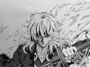 1boy absurdres ascot coat floating floating_clothes formal_clothes fur_coat gloves highres holding holding_weapon javol_kopiy lance looking_at_viewer male_focus medium_hair monochrome partially_shaded_face polearm serious traditional_media tsukihime tsukihime_(remake) user_detv5535 vampire vlov_arkhangel weapon