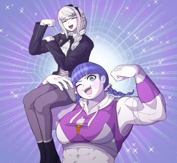 Rule 34 | 2girls, :d, ^ ^, absurdres, black hairband, black jacket, black ribbon, black shoes, blue eyes, braid, breasts, carrying, carrying person, closed eyes, commentary, cropped hoodie, drawstring, english commentary, flexing, food print, grey hair, grey thighhighs, hairband, hand on own arm, highres, hood, hoodie, ice cream print, jacket, kirifuji nozomi, large breasts, long hair, medium hair, mojiro moko, multiple girls, muscular, muscular female, neck ribbon, novemblem, official style, one eye closed, open clothes, open jacket, open mouth, pink hoodie, purple background, purple hair, ribbon, shirt, shoes, sitting on arm, smile, the hundred line -last defense academy-, thighhighs, twintails, white shirt