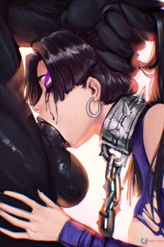 1boy 1girl bdsm black_eyeliner black_hair black_lips black_skin breasts chain closed_eyes collar colored_skin commentary deepthroat earrings english_commentary eyelashes eyeliner facial_mark fellatio grabbing_another's_hair hetero highres holding_another's_hair hoop_earrings irrumatio jewelry kinky_queen large_penis large_testicles leash makeup marvel marvel_rivals metal_collar oral penis psylocke runny_makeup slave spider-man_(series) spiked_collar spikes testicles torn_clothes uncensored venom_(marvel) x-men