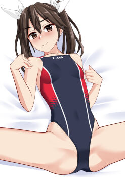 1girl absurdres black_one-piece_swimsuit blush breasts brown_eyes brown_hair clothes_writing commentary_request competition_swimsuit covered_navel cowboy_shot hair_ribbon highleg highleg_one-piece_swimsuit highres kantai_collection long_hair lying multicolored_swimsuit nose_blush one-piece_swimsuit ribbon small_breasts solo spread_legs swimsuit takafumi tone_(kancolle) twintails variant_set