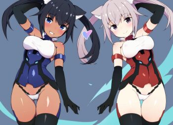 2girls animal_ear_fluff animal_ears arm_behind_head arm_strap arm_up ascot black_eyes black_gloves black_hair black_thighhighs blue_ascot blue_eyes blue_leotard blush breasts cameltoe cat_ears cat_girl closed_mouth collar commentary cowboy_shot dark-skinned_female dark_skin detached_collar dual_persona elbow_gloves english_commentary frame_arms_girl gloves grey_hair grin groin highleg highleg_leotard highres innocentia ko_pot-au-feu large_breasts leotard long_hair looking_at_viewer mixed-language_commentary multicolored_eyes multiple_girls purple_eyes red_ascot red_leotard sideboob smile split_mouth thighhighs twintails two-tone_eyes white_collar