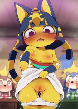 animal_crossing animal_ears ankha_(animal_crossing) blush character_request dagasi furry furry_female highres loli multiple_girls nintendo nipples open_mouth panties panty_pull pussy pussy_juice underwear white_panties