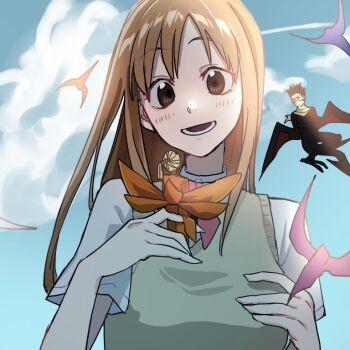 1boy 2025 2girls black_hair bleach blonde_hair blue_sky breasts brown_eyes cloud fairy happy inoue_orihime karakura_high_school_uniform light_blush mdr51616 multiple_girls open_mouth orange_hair outdoors ponytail school_uniform short_hair shun_shun_rikka sky upper_body