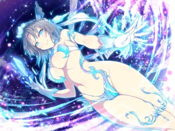 10s 1girl alternate_costume blue_eyes breasts closed_mouth cowboy_shot cryokinesis female_focus gloves grey_hair ice large_breasts looking_at_viewer navel official_art pink_lips senran_kagura senran_kagura_new_wave short_hair smile solo underboob white_gloves yaegashi_nan yumi_(senran_kagura)