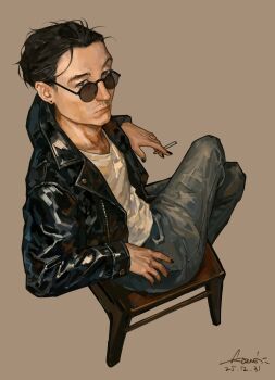 Rule 34 | 1boy, absurdres, aegyo sal, alternate costume, black eyes, black hair, black jacket, black nails, cigarette, commentary, crossed legs, denim, disco elysium, elbow rest, english commentary, from above, full body, highres, holding, holding cigarette, jacket, jeans, kim kitsuragi, kozmoraven1610, leaning back, leather, leather jacket, looking at viewer, male focus, pants, shirt, short hair, solo, sunglasses, white shirt