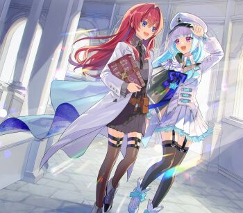 2girls :d adjusting_clothes adjusting_headwear ange_katrina ange_katrina_(lab_coat) arm_up aubrey_(kyarairo) belt belt_pouch black_necktie black_skirt blue_bow blue_cape blue_eyes blue_hair blunt_bangs book book_strap bow brown_belt buttons cape coat collared_jacket collared_shirt colored_inner_hair commentary_request double-breasted epaulettes footwear_bow garter_straps gradient_eyes grey_cape grey_shirt grey_shoes grey_thighhighs hair_between_eyes hair_intakes hair_ornament hat high-waist_skirt highres holding holding_book indoors jacket lab_coat legwear_garter light_rays lize_helesta lize_helesta_(7th_costume) long_hair long_sidelocks long_sleeves looking_at_another looking_to_the_side miniskirt multicolored_eyes multicolored_hair multiple_girls necktie nijisanji open_clothes open_coat open_mouth peaked_cap pillar pleated_skirt pouch puffy_long_sleeves puffy_sleeves purple_eyes red_hair shirt shirt_tucked_in shoes side-by-side side_cape sidelocks single_epaulette skirt smile square-end_necktie standing stone_floor streaked_hair sunbeam sunlight thighhighs two-sided_cape two-sided_fabric two-tone_hair very_long_hair virtual_youtuber walking white_coat white_hair white_hat white_jacket white_shoes white_skirt window zettai_ryouiki