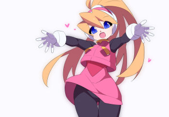 Rule 34 | 1girl, black bodysuit, blue eyes, bodysuit, ciel (mega man), commentary request, cowboy shot, gloves, heart, high-waist skirt, high ponytail, kaidou zx, long hair, mega man (series), mega man zero (series), open mouth, pink shirt, pink skirt, ponytail, shirt, simple background, skirt, solo, white background, white gloves